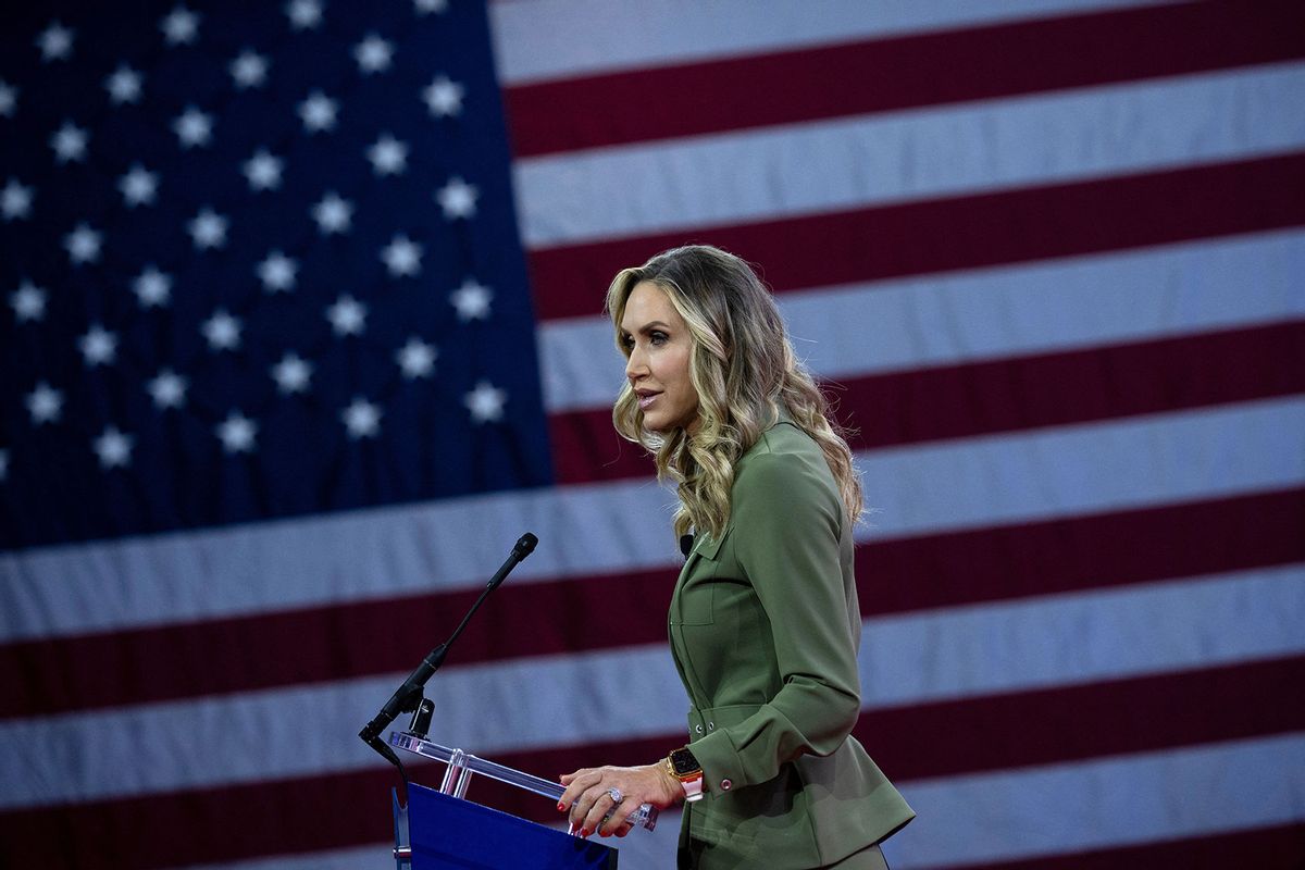 Lara Trump, daughter-in-law of former US president and presidential candidate Donald Trump, speaks at the Conservative Political Action Conference (CPAC) in National Harbor, Maryland, on February 22, 2024. (BRENDAN SMIALOWSKI/AFP via Getty Images)