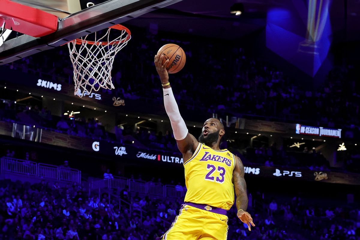 LeBron James #23 of the Los Angeles Lakers makes a lay up against the Indiana Pacers during the first quarter of the championship game of the inaugural NBA In-Season Tournament at T-Mobile Arena on December 09, 2023 in Las Vegas, Nevada. (Ethan Miller/Getty Images)
