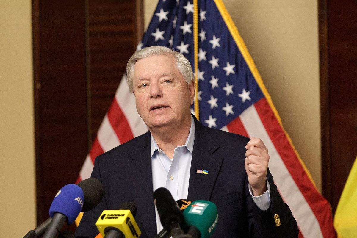 Republican Senator Lindsey Graham from South Carolina is speaking during a press briefing in Kyiv, Ukraine, on March 18, 2024. (Ukrinform/NurPhoto via Getty Images)