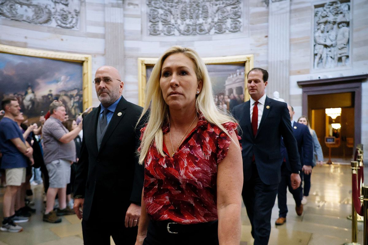 Rep. Marjorie Taylor Greene (R-GA) and the fellow Republican impeachment managers walk back through the U.S. Capitol Rotunda on April 16, 2024 in Washington, DC. (Chip Somodevilla/Getty Images)