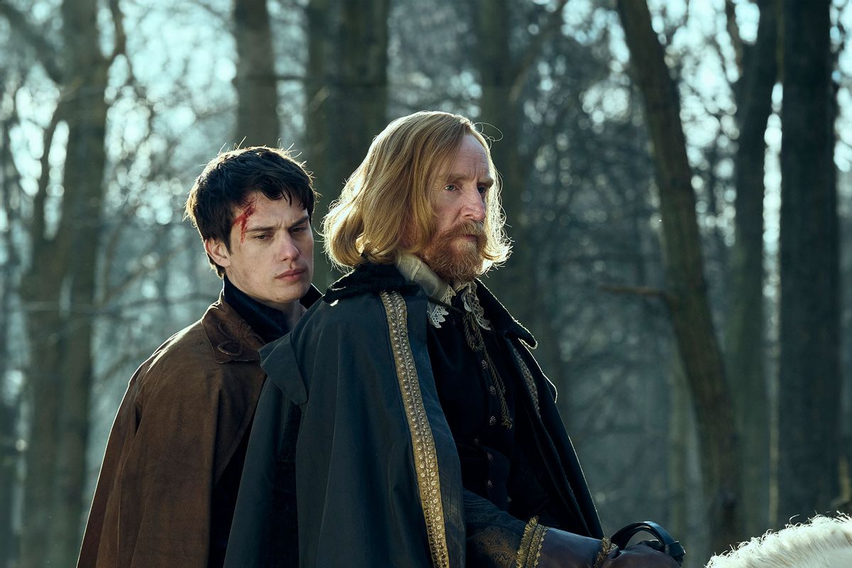 Nicholas Galitzine (George Villiers) and Tony Curran (King James) in "Mary & George" (Starz)