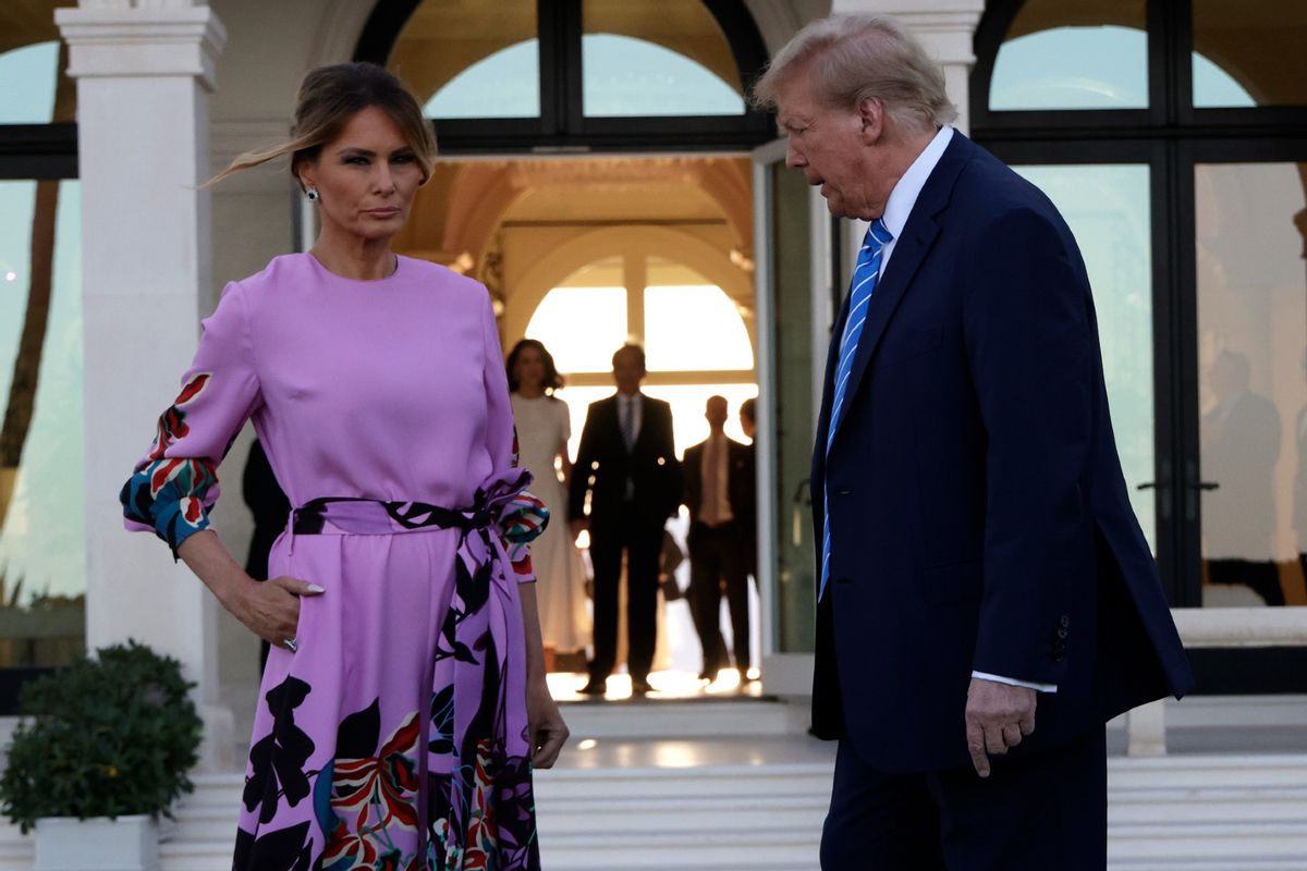 Republican presidential candidate, former U.S. President Donald Trump and former first lady Melania Trump arrive at the home of billionaire investor John Paulson on April 6, 2024 in Palm Beach, Florida. ( Alon Skuy/Getty Images)