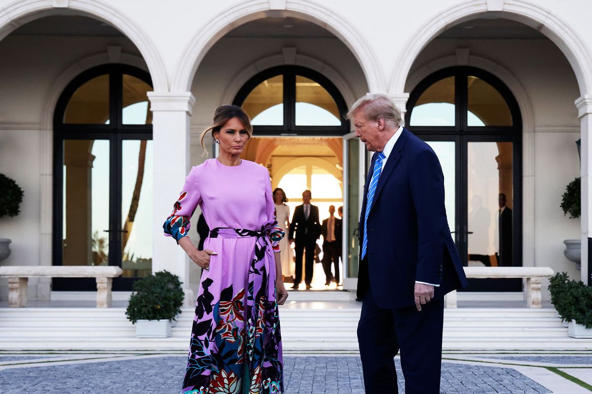 Republican presidential candidate, former US President Donald Trump, arrives at the home of billionaire investor John Paulson, with former first lady Melania Trump, on April 6, 2024 in Palm Beach, Florida. (Alon Skuy/Getty Images)