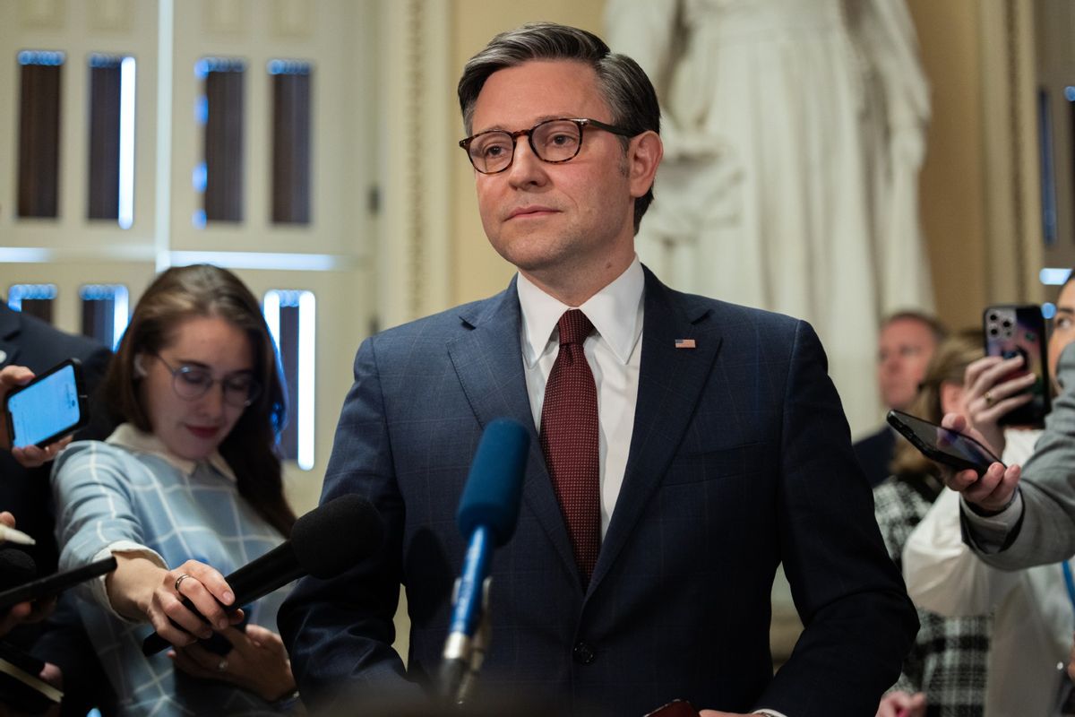 Speaker Mike Johnson (R-LA) speaks to members of the press after the House of Representatives passed bills, including aid to Ukraine and Israel, on Capitol Hill in Washington, DC on April 20, 2024.  (Nathan Posner/Anadolu via Getty Images)