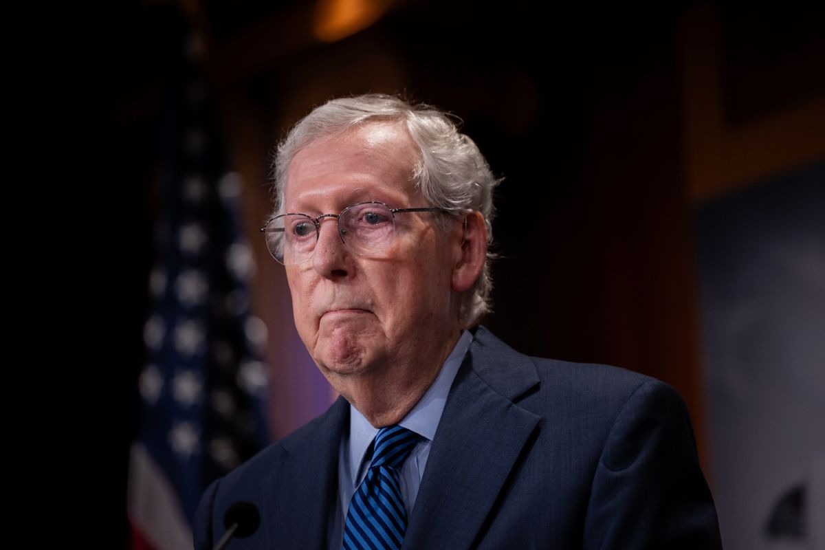 Senate Minority Leader Mitch McConnell (R-KY) speaks to reporters during a press conference ahead of a vote on the foreign aid package in Washington, DC on April 23, 2024. (Nathan Posner/Anadolu via Getty Images)