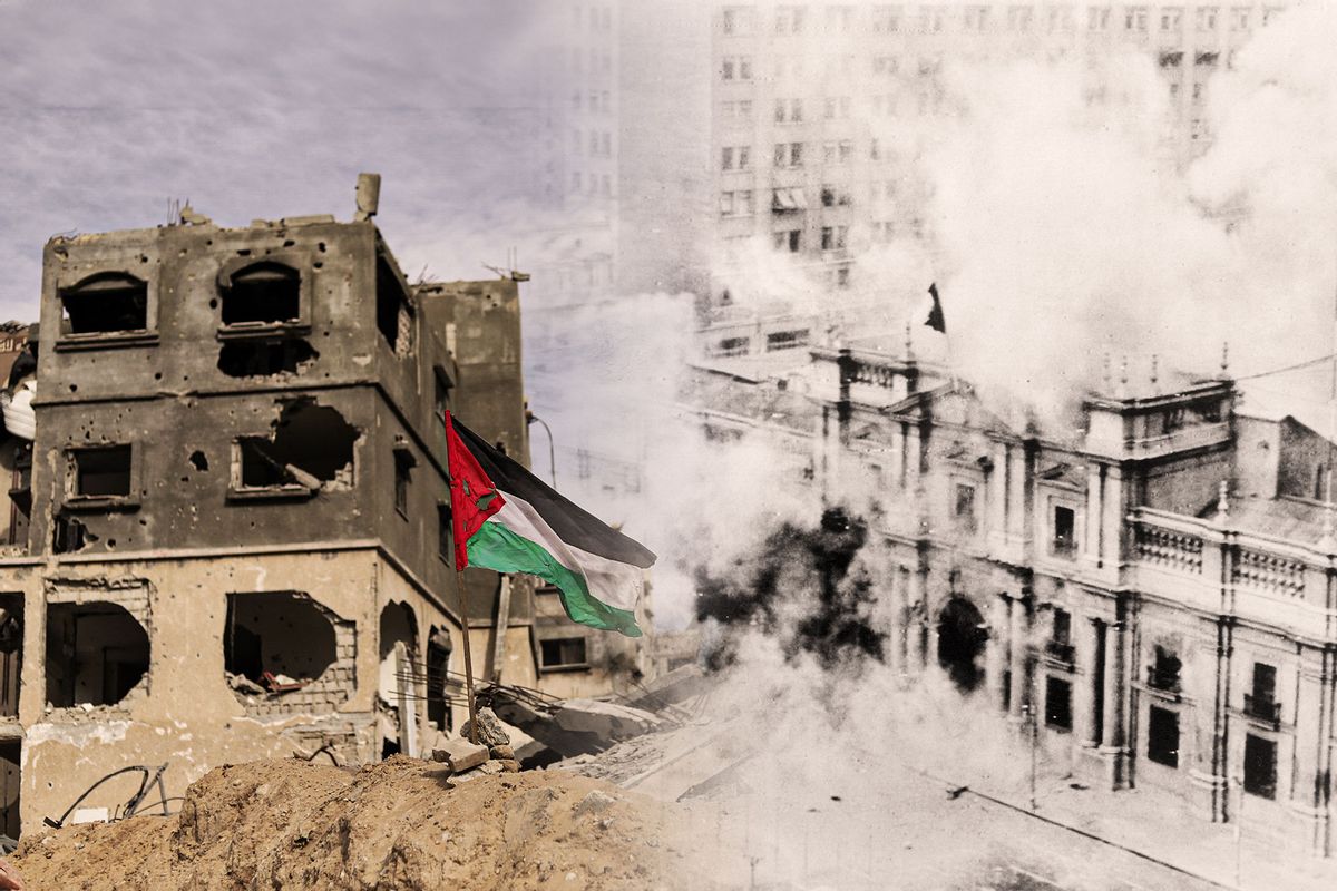 A view of destruction after Israeli forces' withdrawal from Khan Yunis, Gaza on April 08, 2024. | Chile's Presidential Palace burns at the height of bombardment during the coup d'etat by the nation's armed forces, 1973 (Photo illustration by Salon/Getty Images)