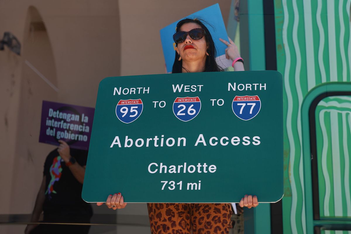 Gloria Ceren joins with other people during a “Rally to Stop the Six-Week Abortion Ban” held at Lake Eola Park on April 13, 2024 in Orlando, Florida. (Joe Raedle/Getty Images)