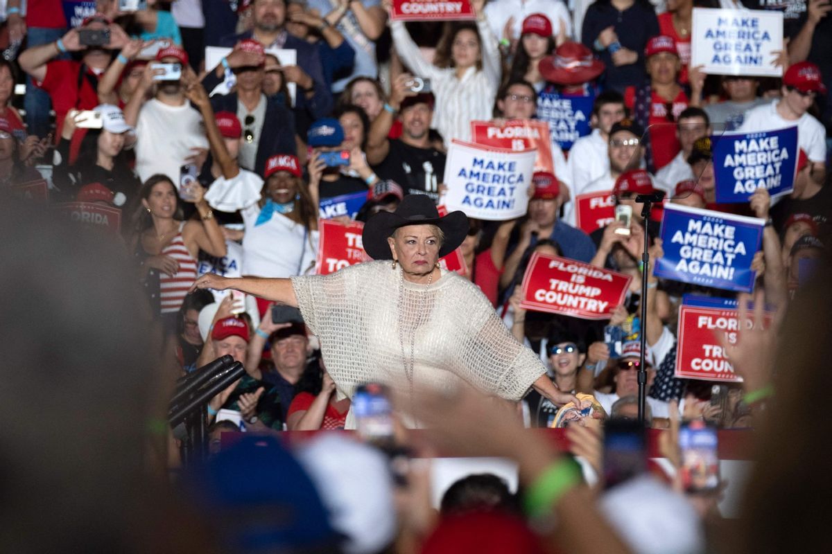 Roseanne Barr speaks during a Donald Trump rally at Ted Hendricks Stadium at Henry Milander Park in Hialeah, Florida, on November 8, 2023. (RICARDO ARDUENGO/AFP via Getty Images)