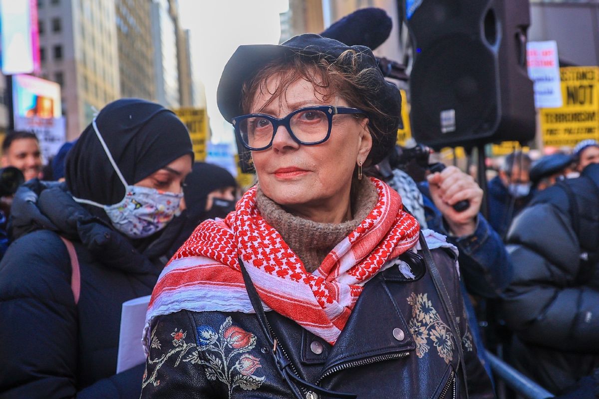 Members of more than 20 organizations gather for the demonstration and march in support of Palestinians as they unite against Zionism on International Day of Al-Quds in Times Square of New York City, on Friday, April 5, 2024.The Academy Award-winning actress, Susan Sarandon attends and speaks in the rally in Times Square, New York.  (Selcuk Acar/Anadolu via Getty Images)