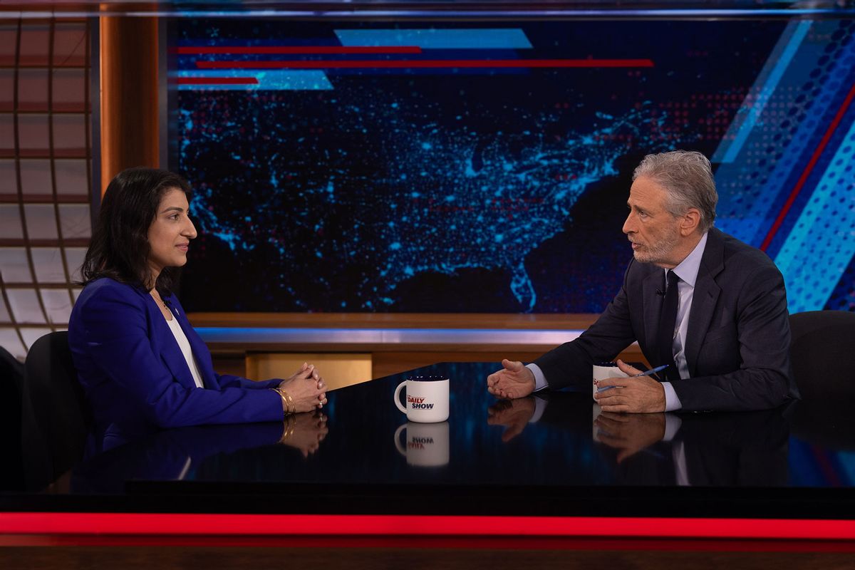 Lina Khan and Jon Stewart on "The Daily Show" (Comedy Central)