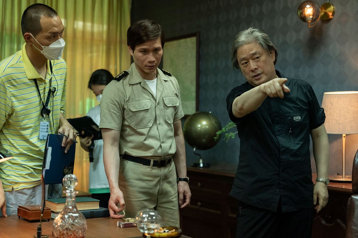 Director Park Chan-wook with star Hua Xuande on the set of "The Sympathizer" (HBO)