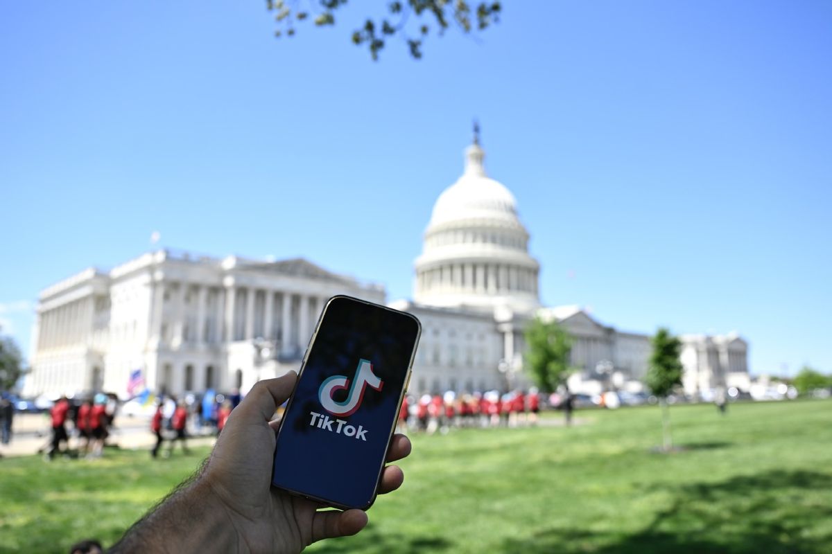 TikTok is displayed on a mobile phone screen in front of The White House in Washington DC, United States on April 20, 2024.  (Celal Gunes/Anadolu via Getty Images)