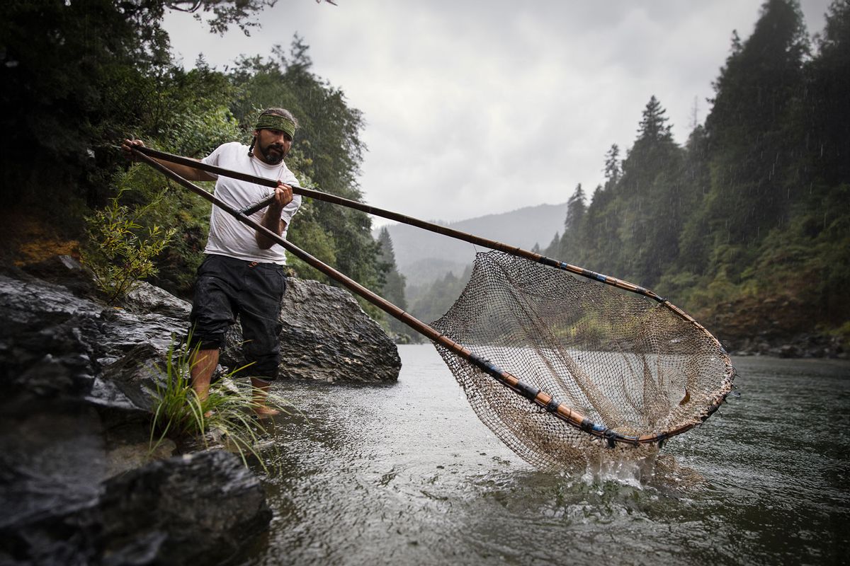 Standing at the edge of the Klamath River in rural Northern California, a Yurok man leans into the river with his traditional dip net, about to land a salmon. (Getty Images/Justin Lewis)
