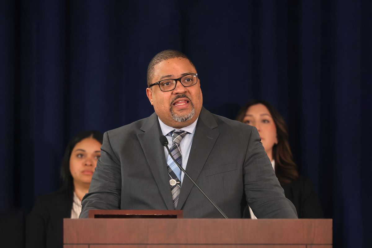 Manhattan District Attorney Alvin Bragg speaks during a press conference at the Louis J. Lefkowitz State Office Building on March 21, 2024 in New York City. (Michael M. Santiago/Getty Images)