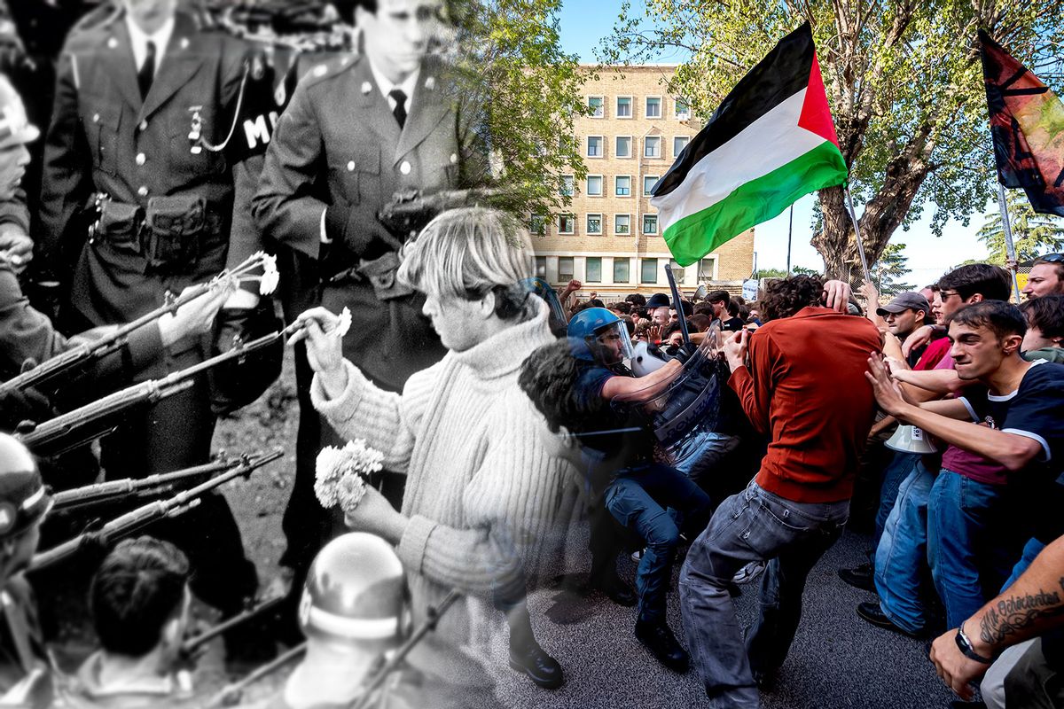 George Harris sticks carnations in gun barrels during an antiwar demonstrator at Pentagon in 1967. | Police in riot gear clash with a march of students for Palestine and against the siege of Gaza that left from La Sapienza University on October 13, 2023 in Rome, Italy. (Photo illustration by Salon/Getty Images)