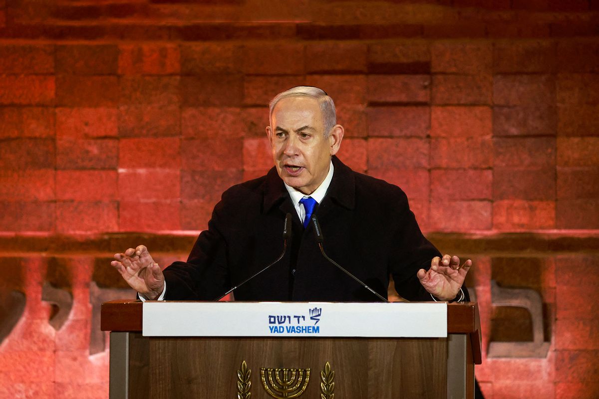 Israel's Prime Minister Benjamin Netanyahu speaks during a ceremony marking Holocaust Remembrance Day, at the Yad Vashem Holocaust Memorial in Jerusalem on May 5, 2024. (MENAHEM KAHANA/AFP via Getty Images)
