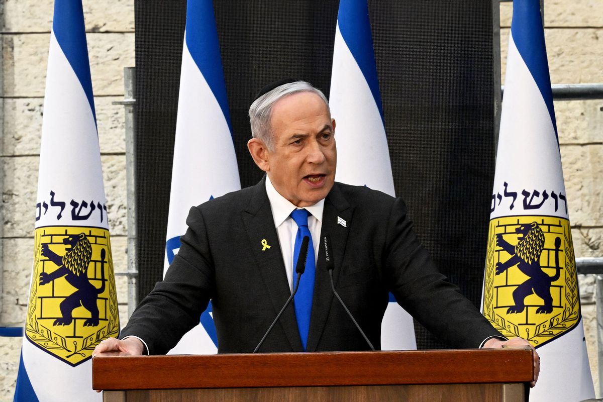 Israeli Prime Minister Benjamin Netanyahu gives a speech during a ceremony on the eve of the Memorial Day for fallen soldiers (Yom HaZikaron), at the Yad LaBanim Memorial in Jerusalem on May 12, 2024. (DEBBIE HILL/POOL/AFP via Getty Images)