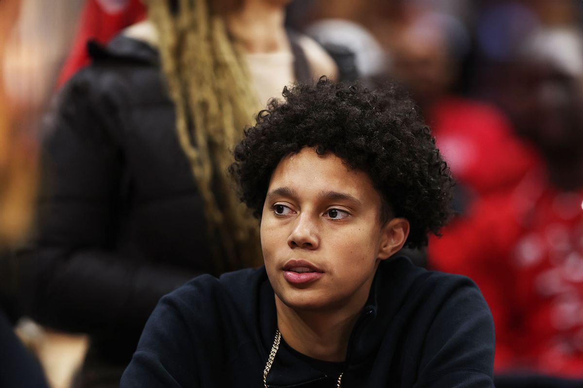 Brittney Griner looks on in the second half during the NCAA Women's Basketball Tournament Final Four semifinal game between the UConn Huskies and the Iowa Hawkeyes at Rocket Mortgage Fieldhouse on April 05, 2024 in Cleveland, Ohio. (Steph Chambers/Getty Images)