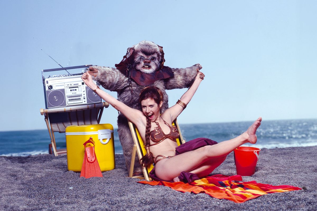 Carrie Fisher on Stinson Beach in Northern California with an Ewok from Star Wars. (Photo illustration by Salon/Aaron Rapoport/Corbis via Getty Images)