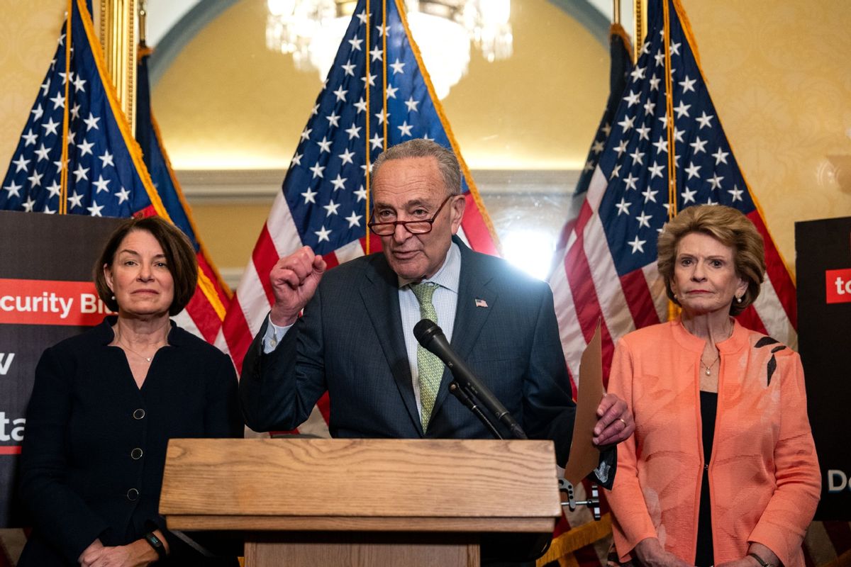 Senate Majority Leader Chuck Schumer (D-NY), flanked by Sen. Catherine Cortez Masto (D-NV), Sen. Amy Klobuchar (D-MN) and Sen. Debbie Stabenow (D-MI) as he speaks during a news conference on Capitol Hill on May 22, 2024 in Washington, DC.  (Kent Nishimura/Getty Images)