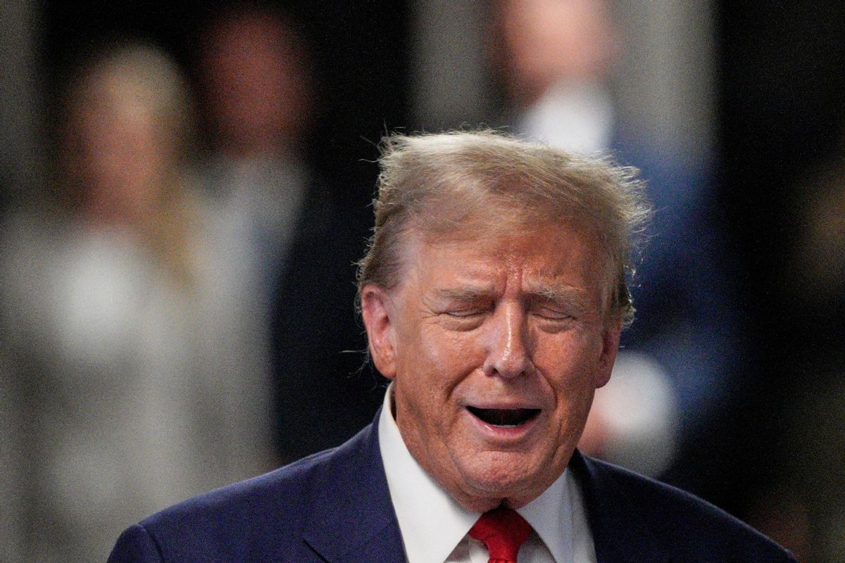 Former U.S. President Donald Trump speaks to press during his trial for allegedly covering up hush money payments linked to extramarital affairs, at Manhattan Criminal Court in New York on April 30, 2024. (CURTIS MEANS/POOL/AFP via Getty Images)