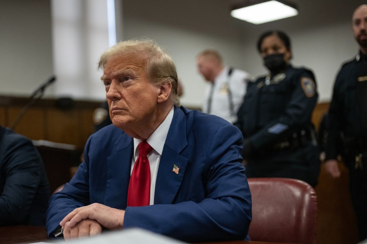 Former president Donald Trump sits in Manhattan Criminal Court for the start of the third week of his trial for falsifying documents related to hush money payments, in New York, NY, on Tuesday, April 30, 2024.  (Victor J. Blue for The Washington Post via Getty Images/ Pool)