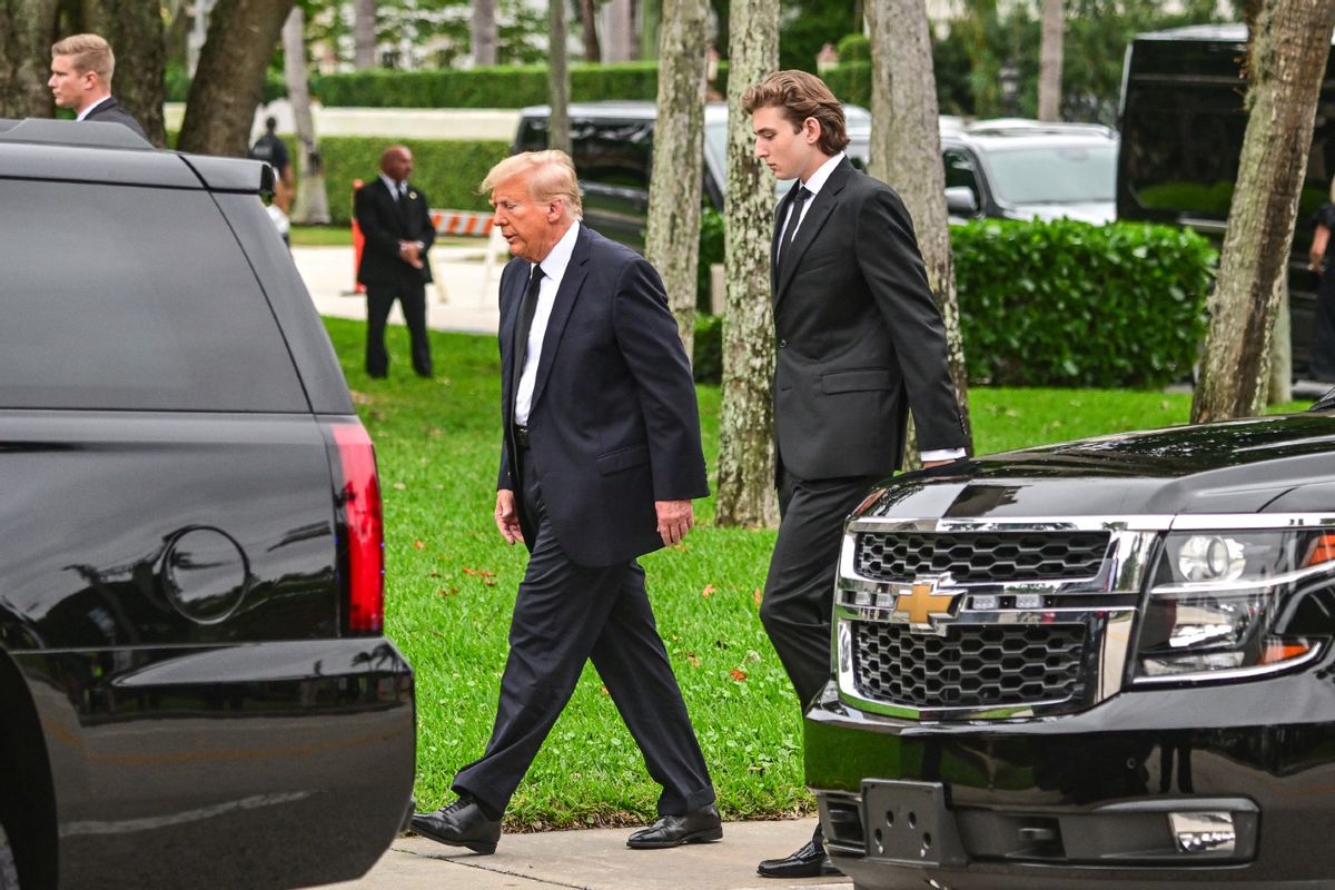 Former U.S. President Donald Trump and his son Barron Trump attend the funeral of former first lady Melania Trump's mother Amalija Knavs, at Bethesda-by-the-Sea Church, in Palm Beach, Florida, on January 18, 2024. (GIORGIO VIERA/AFP via Getty Images)