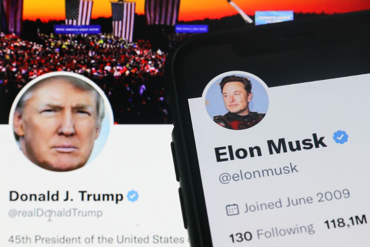 Donald Trump Twitter account displayed on a laptop screen and Elon Musk Twitter account displayed on a phone screen are seen in this illustration photo  (Jakub Porzycki/NurPhoto via Getty Images)