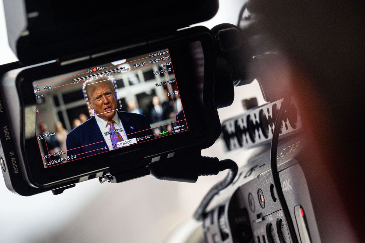Seen on a video camera LCD screen, Former U.S. President Donald Trump speaks to the media outside of court during his trial for allegedly covering up hush money payments at Manhattan Criminal Court on May 2, 2024 in New York City. (Jeenah Moon-Pool/Getty Images)