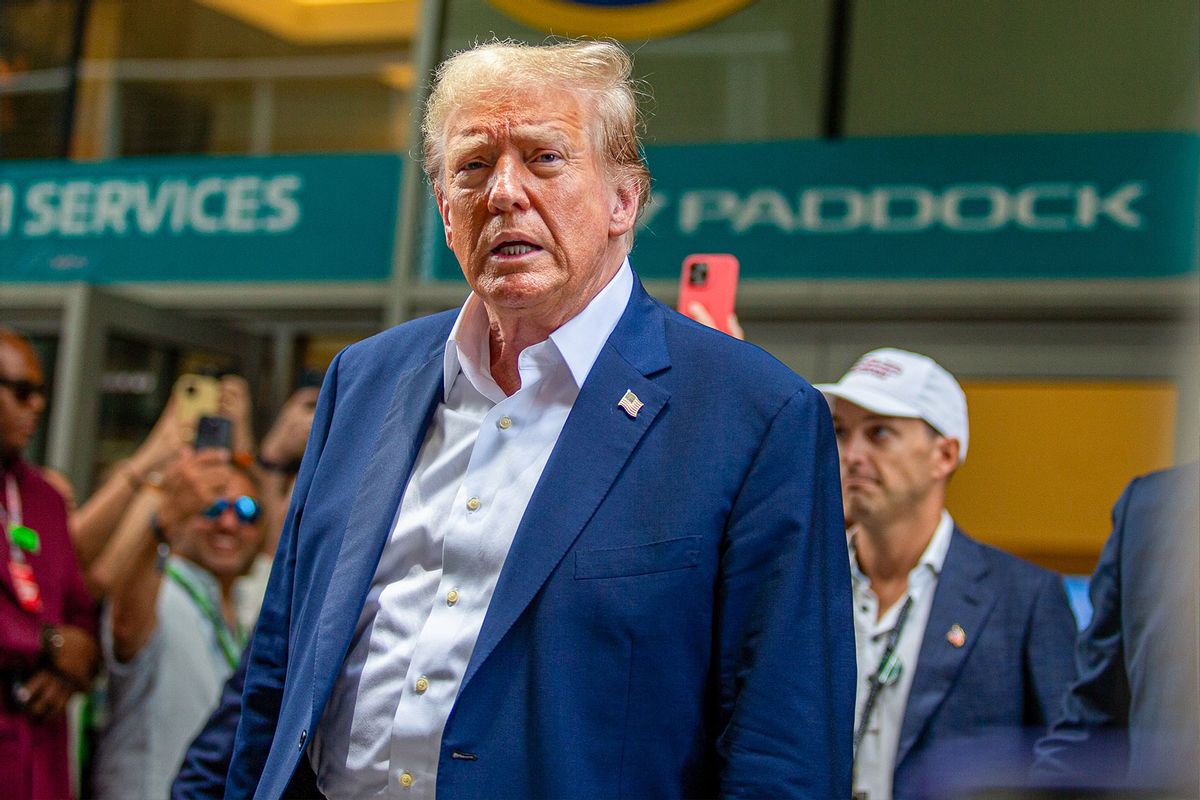 Former United States President Donald Trump is attending the Formula 1 Crypto.com Miami Grand Prix in Miami, USA, on May 5, 2024. (Alessio Morgese/NurPhoto via Getty Images)