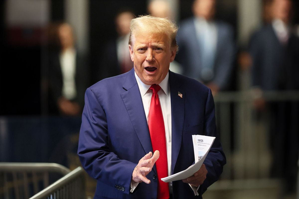 Former U.S. President Donald Trump speaks to the media as he attends his trial for allegedly covering up hush money payments at Manhattan Criminal Court on May 6, 2024 in New York City. (Brendan McDermid-Pool/Getty Images)