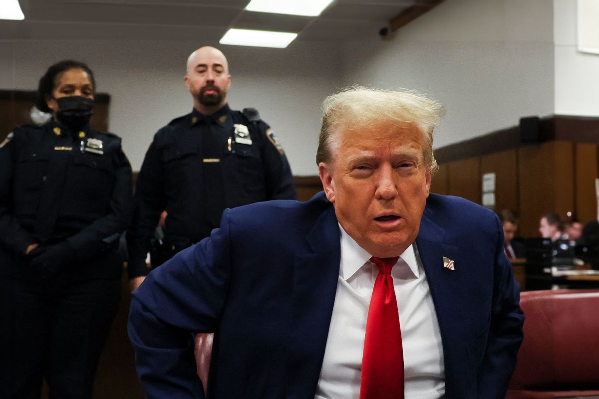 Former US President Donald Trump attends his trial for allegedly covering up hush money payments linked to extramarital affairs, at Manhattan Criminal Court in New York City, on May 6, 2024. (BRENDAN MCDERMID/POOL/AFP via Getty Images)