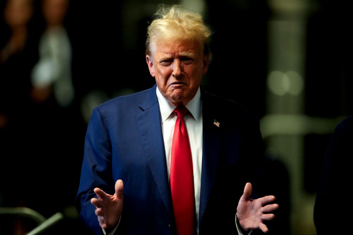 Former US President Donald Trump speaks to the press before departing for the day at his trial for allegedly covering up hush money payments linked to extramarital affairs, at Manhattan Criminal Court in New York City, on May 6, 2024. (JULIA NIKHINSON/POOL/AFP via Getty Images)