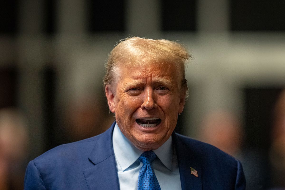 Former U.S. President Donald Trump speaks to the media at his trial for allegedly covering up hush money payments at Manhattan Criminal Court on May 13, 2024 in New York City. (Steven Hirsch-Pool/Getty Images)