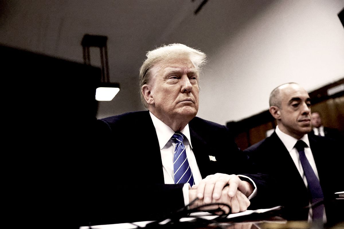 Former US President Donald Trump looks on during his criminal trial for allegedly covering up hush money payments at Manhattan Criminal Court, in New York City, on May 13, 2024. (SPENCER PLATT/POOL/AFP via Getty Images)