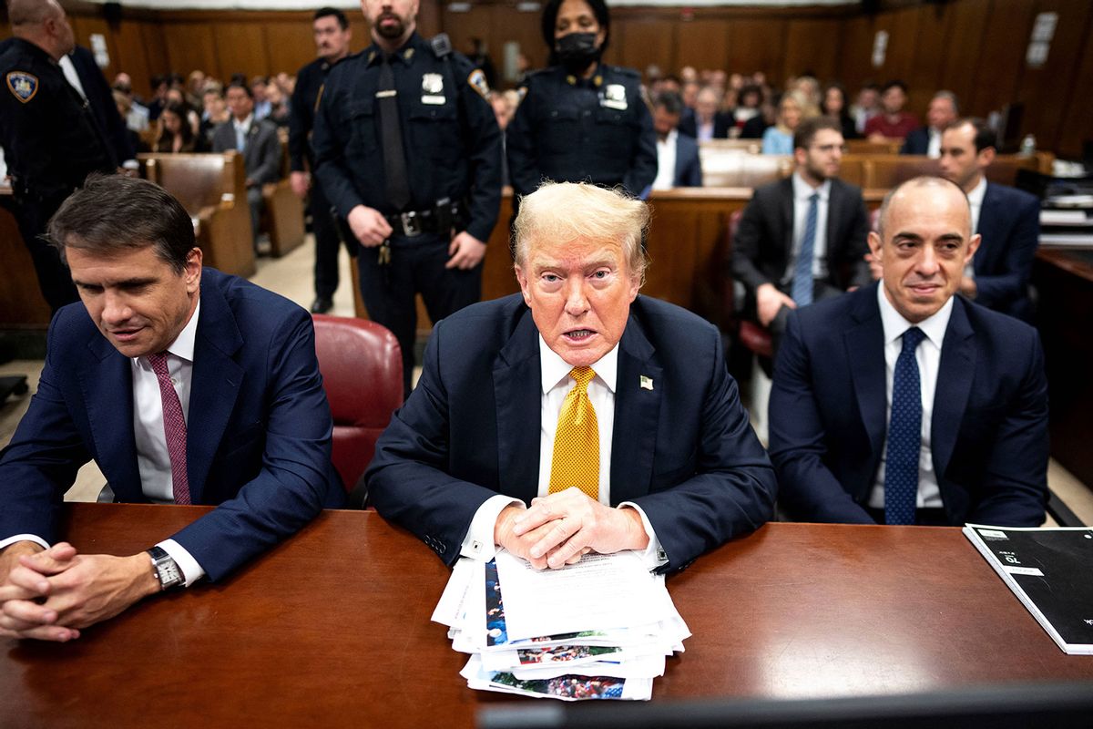 Former US President and Republican presidential candidate Donald Trump awaits the start of proceedings in his criminal trial at Manhattan Criminal Court in New York City on May 29, 2024. (DOUG MILLS/POOL/AFP via Getty Images)
