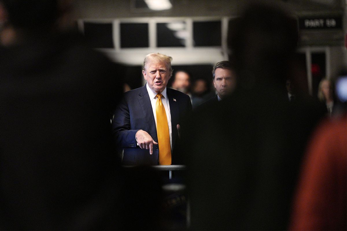 Former U.S. President Donald Trump speaks to the media as the jury deliberates in his criminal trial at Manhattan Criminal Court on May 29, 2024 in New York City. (Curtis Means - Pool/Getty Images)