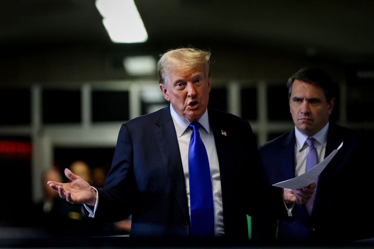 Former U.S. President Donald Trump speaks to the media as he arrives to court for his hush money trial at Manhattan Criminal Court on May 30, 2024 in New York City. (Justin Lane - Pool/Getty Images)