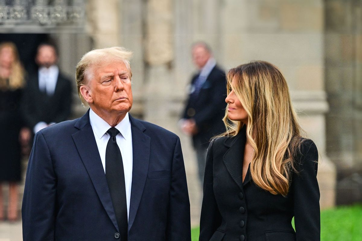 Former US President Donald Trump (L) stands with his wife Melania Trump (R) as they depart a funeral for Amalija Knavs, the former first lady's mother, outside the Church of Bethesda-by-the-Sea, in Palm Beach, Florida, on January 18, 2024. (GIORGIO VIERA/AFP via Getty Images)