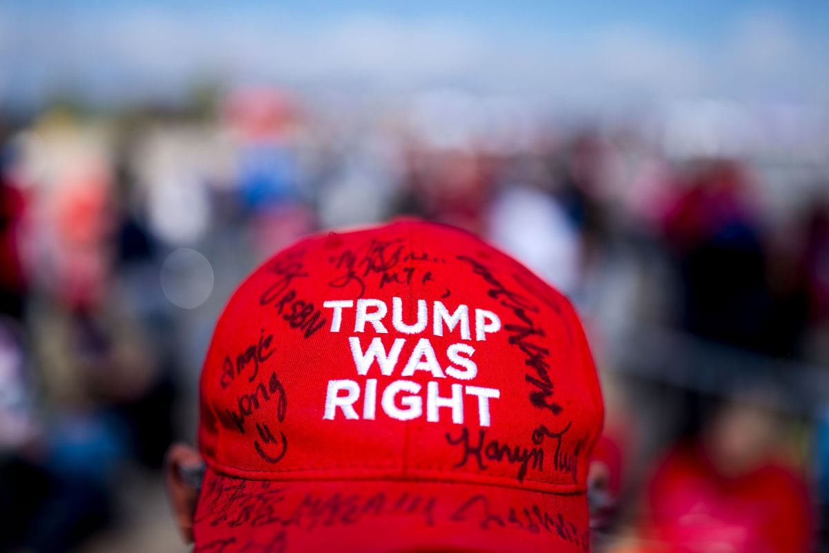A detail of a hat in support of Republican presidential candidate former President Donald Trump before a rally on May 1, 2024 at Avflight Saginaw in Freeland, Michigan. (Nic Antaya/Getty Images)