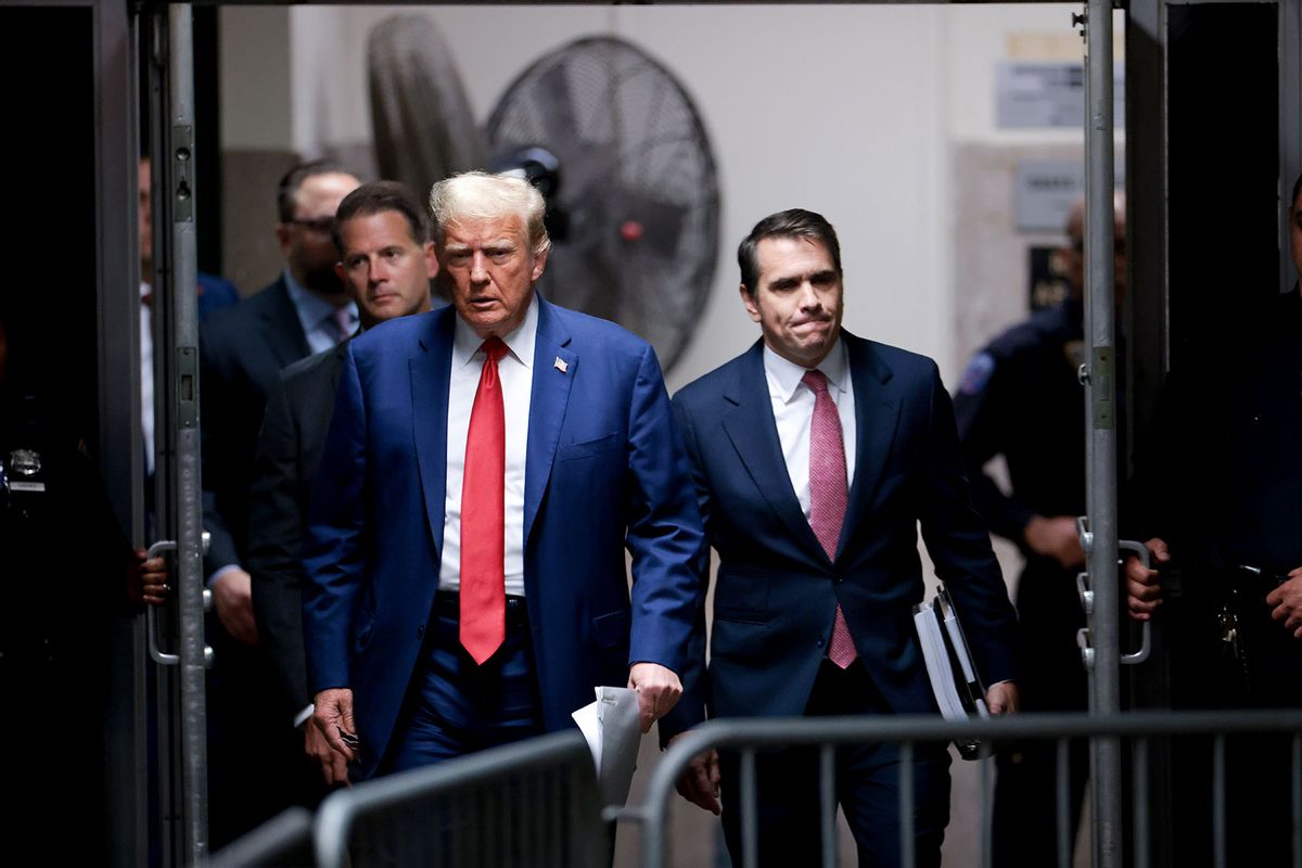 Former U.S. President Donald Trump walks to speak to the press at his trial for allegedly covering up hush money payments at Manhattan Criminal Court on May 6, 2024 in New York City. (Win McNamee/Getty Images)