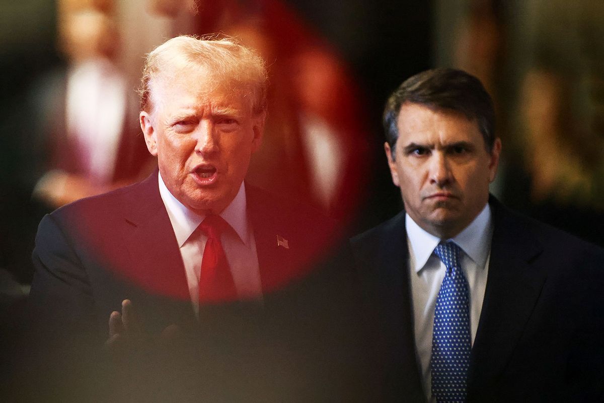 Former US President and Republican presidential candidate Donald Trump speaks to the media with his attorney Todd Blanche (R) during his criminal trial for allegedly covering up hush money payments at Manhattan Criminal Court in New York City, on May 28, 2024. (ANDREW KELLY / POOL / AFP)