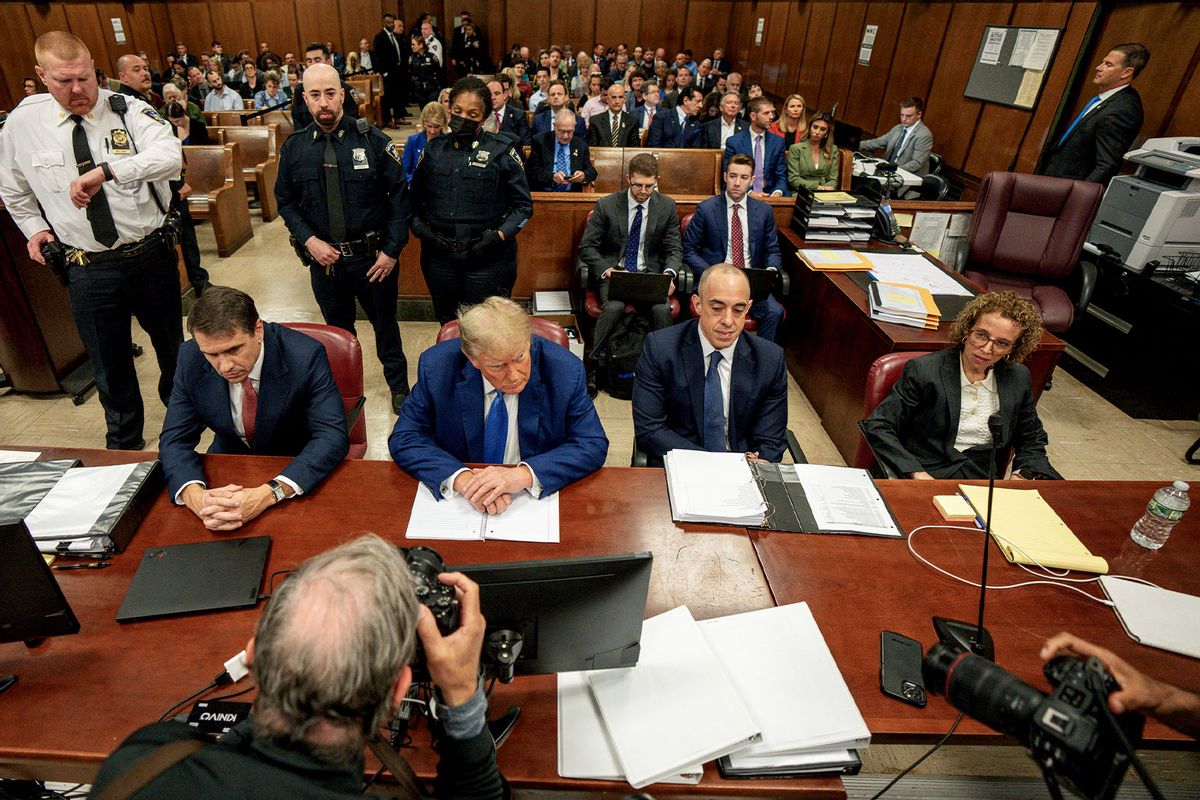 Former U.S. President Donald Trump appears in court with attorneys Todd Blanche (L), Emil Bove (2R) and Susan Necheles (R) during his trial for allegedly covering up hush money payments at Manhattan Criminal Court on May 20, 2024 in New York City. (Steven Hirsch-Pool/Getty Images)