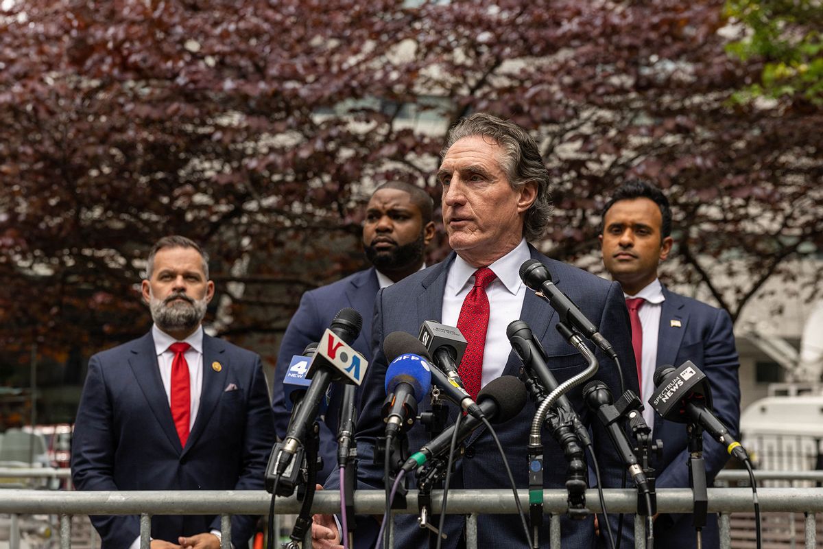 North Dakota Governor Doug Burgum (2nd R) speaks outside the Manhattan Criminal Court as former President Donald Trump attends his trial for allegedly covering up hush money payments linked to extramarital affairs, in New York City, on May 14, 2024. Also pictured, Rep. Cory Mills (R-Fl), Rep. Byron Donalds (R-Fl), and former presidential candidate Vivek Ramaswamy. (ALEX KENT/AFP via Getty Images)