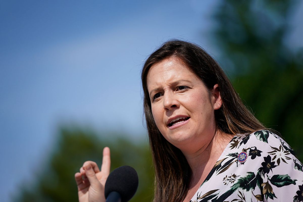 Republican House Conference Chair Elise Stefanik, R-N.Y., joined by fellow House Republicans, speaks during a news conference on the current conflict between Israel and the Hamas in Washington on Thursday, May 20, 2021. (Caroline Brehman/CQ-Roll Call, Inc via Getty Images)