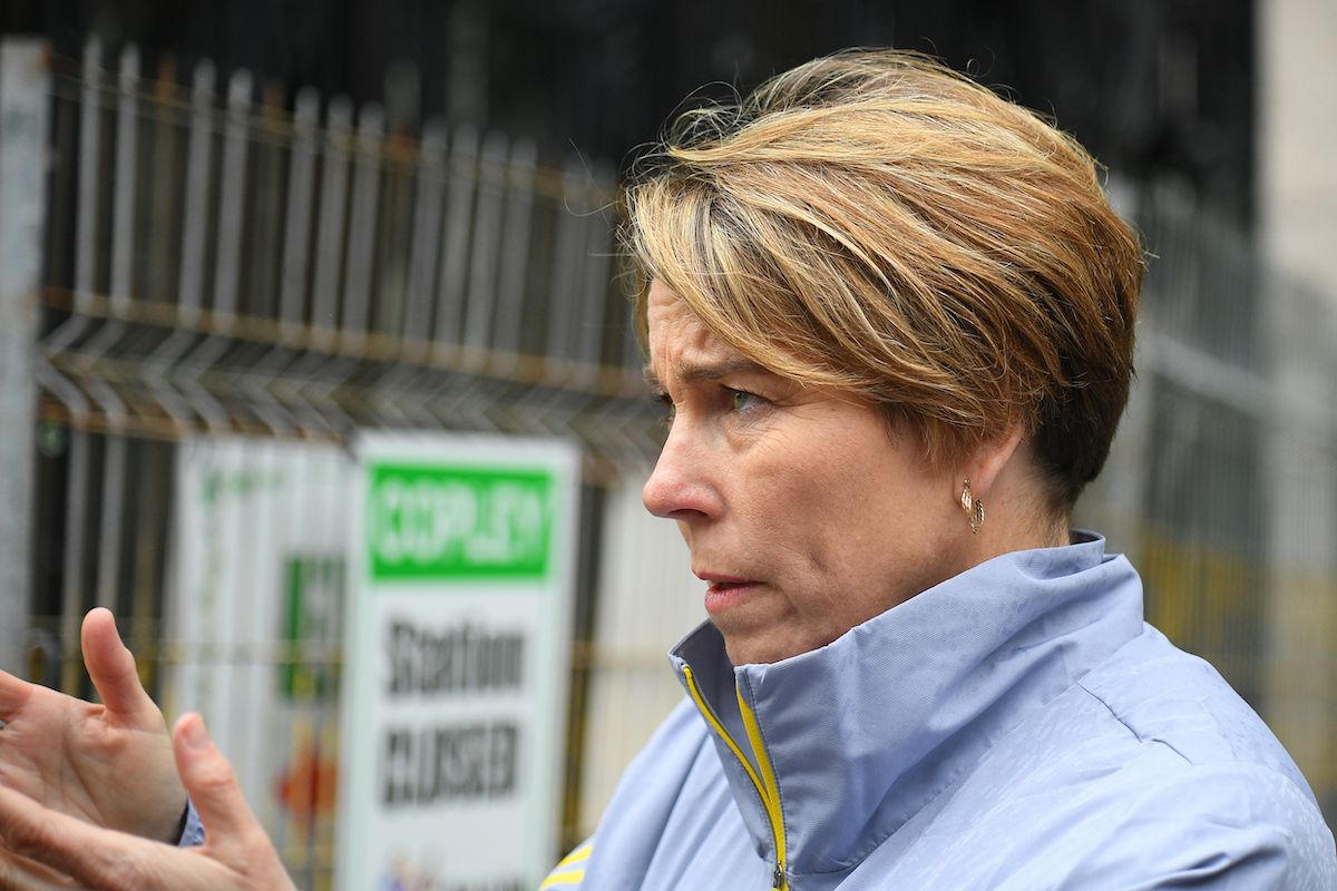BOSTON, MA - APRIL 17: Governor of Massachusetts Maura Healey is interviewed by the media during the 127th Boston Marathon on April 17, 2023 on Boylston Street in Boston, MA.  ((Photo by Erica Denhoff/Icon Sportswire via Getty Images))