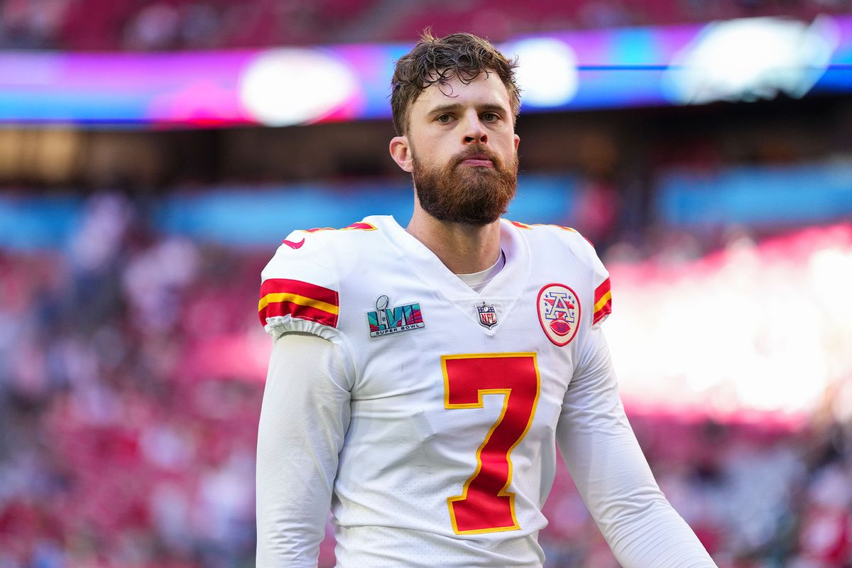 Harrison Butker #7 of the Kansas City Chiefs warms up before the game against the Philadelphia Eagles prior to Super Bowl LVII at State Farm Stadium on February 12, 2023 in Glendale, Arizona. (Cooper Neill/Getty Images)