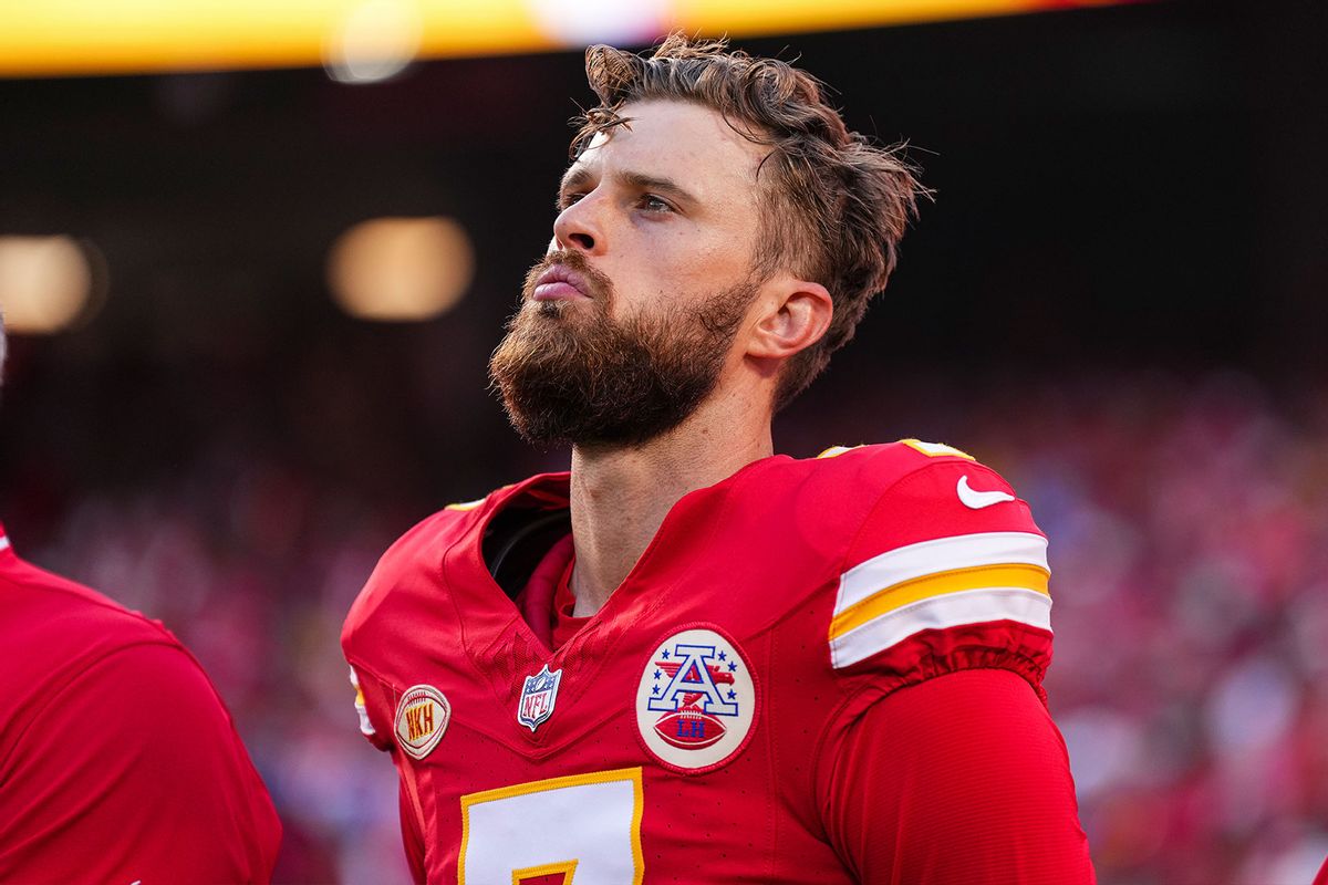 Harrison Butker #7 of the Kansas City Chiefs looks on from the sideline prior to at GEHA Field at Arrowhead Stadium on September 7, 2023 in Kansas City, Missouri. (Cooper Neill/Getty Images)