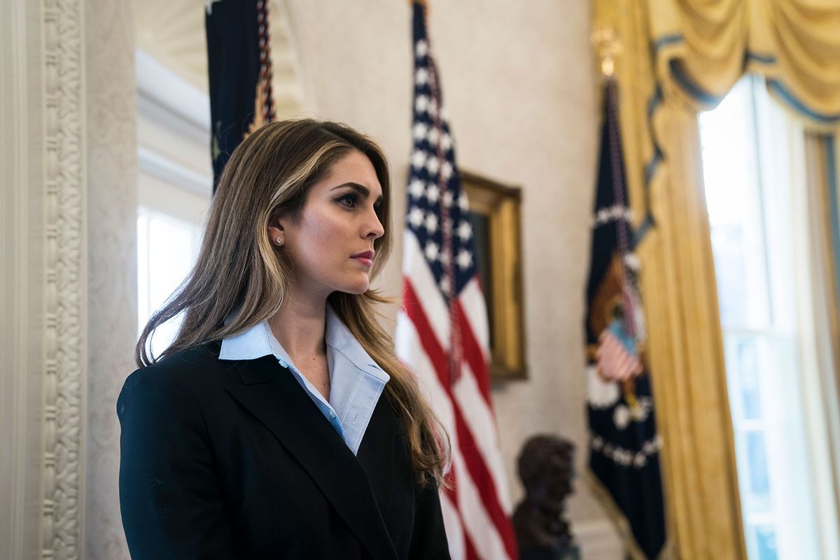 White House Communications Director Hope Hicks watches as President Donald Trump speaks during a meeting with campaign volunteer and supporter Shane Bouvet in the Oval Office at the White House in Washington, DC on Friday, Feb. 09, 2018. (Jabin Botsford/The Washington Post via Getty Images)