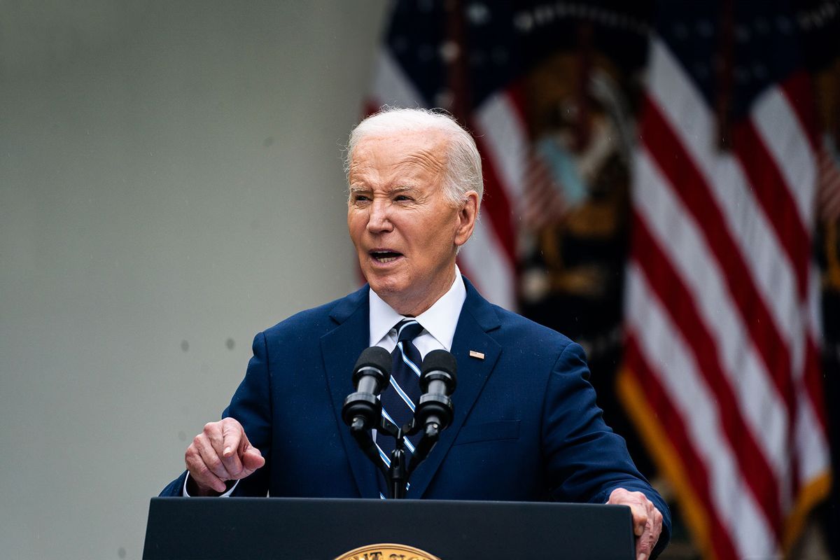 US President Joe Biden delivers remarks during an event to promote American investments and jobs in the Rose Garden of the White House on Tuesday May 14, 2024. (Demetrius Freeman/The Washington Post via Getty Images)